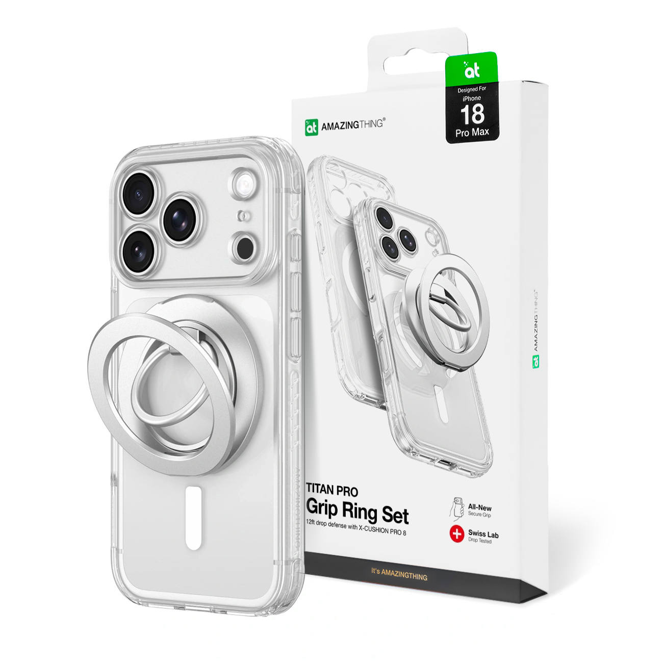 AmazingThing Titan Pro Lens Ring Set dėklas, skirtas iPhone 18 Pro Max, su kameros apsauga ir magnetiniu žiedu, suderinamas su MagSafe – spalva: skaidri
