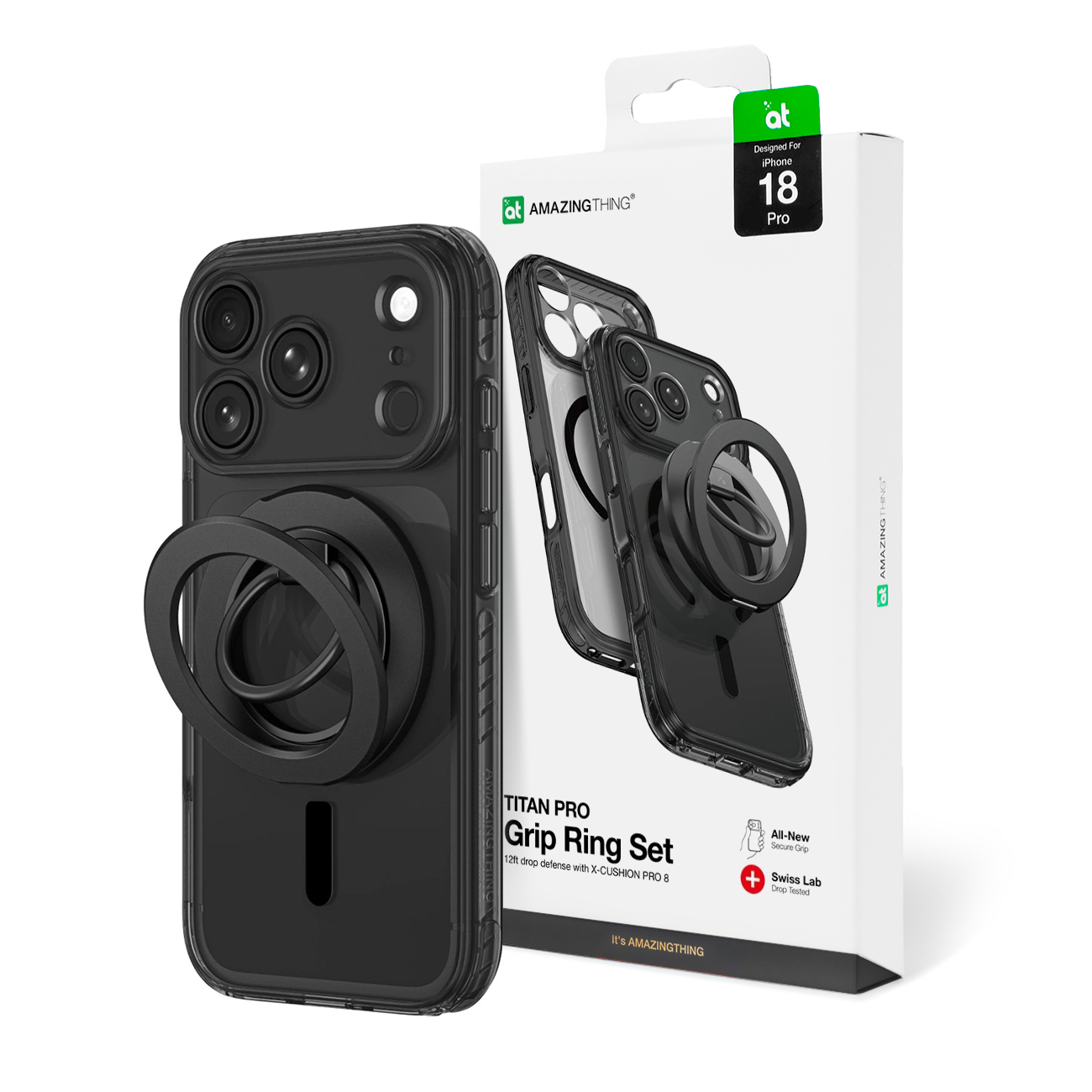 AmazingThing Titan Pro Lens Ring Set dėklas, skirtas iPhone 18 Pro, su kameros apsauga ir magnetiniu žiedu, suderinamas su MagSafe – spalva: juoda