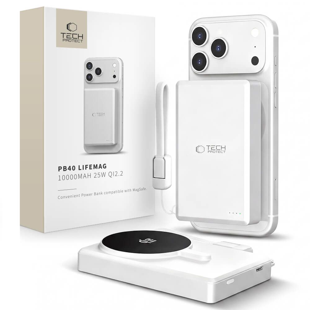 Tech-Protect PB40 LifeMag MagSafe 10000mAh 25W Qi2.2 išorinė baterija, balta ir sidabrinė