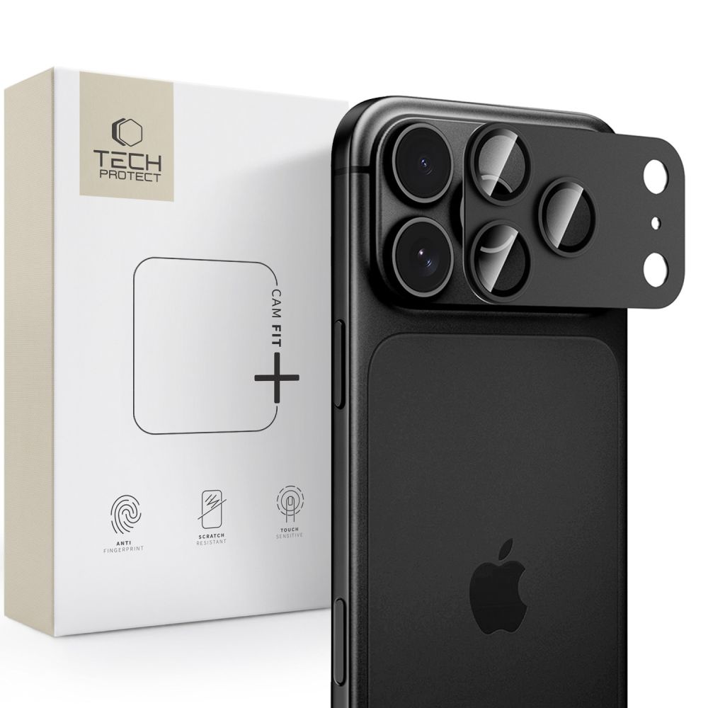 Juoda aliuminio ir grūdinto stiklo kameros modulio apsauga „Tech-Protect CamFull Fit+“, skirta „Apple iPhone 18 Pro“