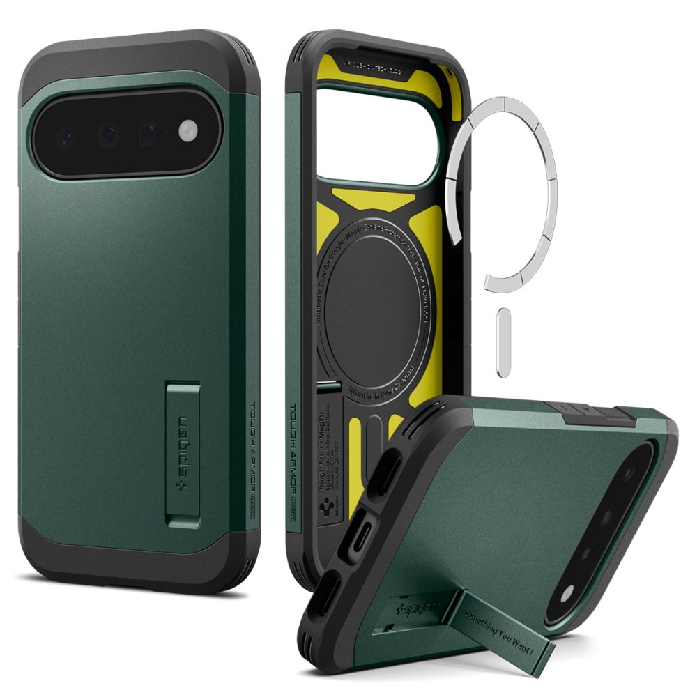 Spigen Tough Armor Mag MagSafe dėklas, skirtas Google Pixel 11, tamsiai žalias