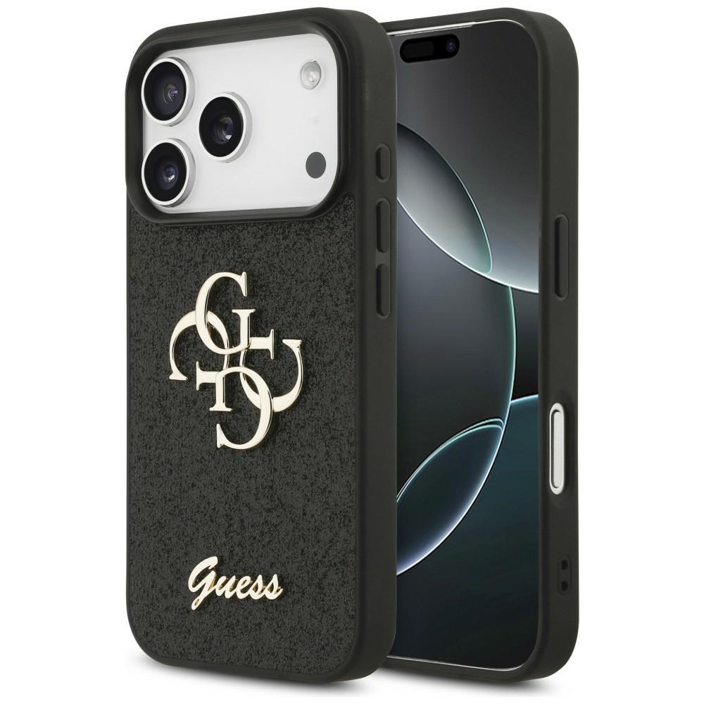 Guess PU Fixed Glitter 4G Metal Logo dėklas Apple iPhone 18 Pro, juodas