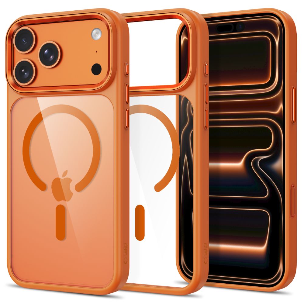 Tech-Protect Magmat MagSafe CC dėklas, skirtas iPhone 17 Pro / 18 Pro – oranžinis ir skaidrus