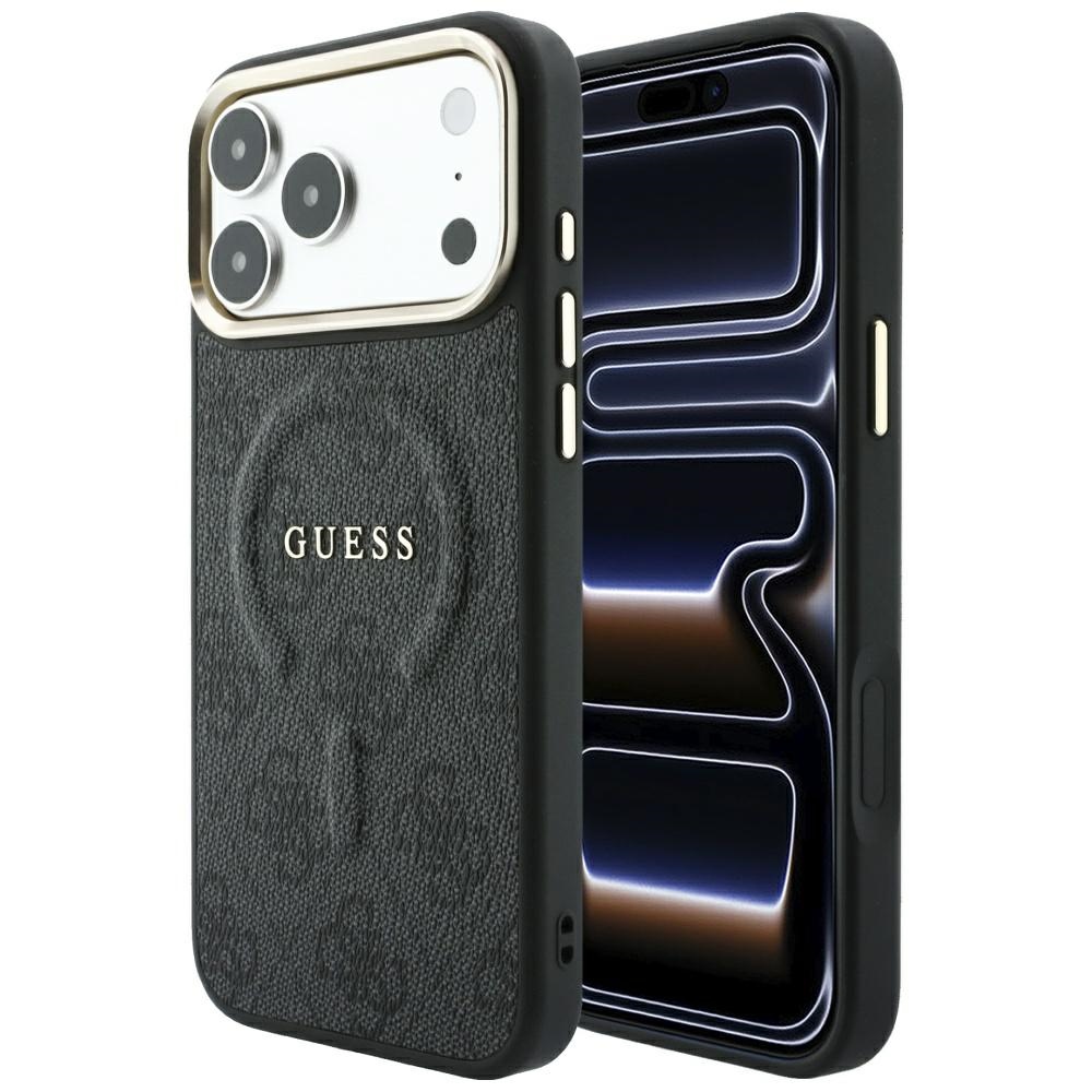 Guess Embossed 4G Classic MagSafe dėklas, skirtas iPhone 17 Pro Max / 18 Pro Max, juodas