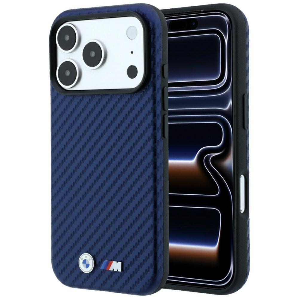 BMW M Carbon Metal Logo MagSafe dėklas, skirtas iPhone 17 Pro / 18 Pro – tamsiai mėlynas