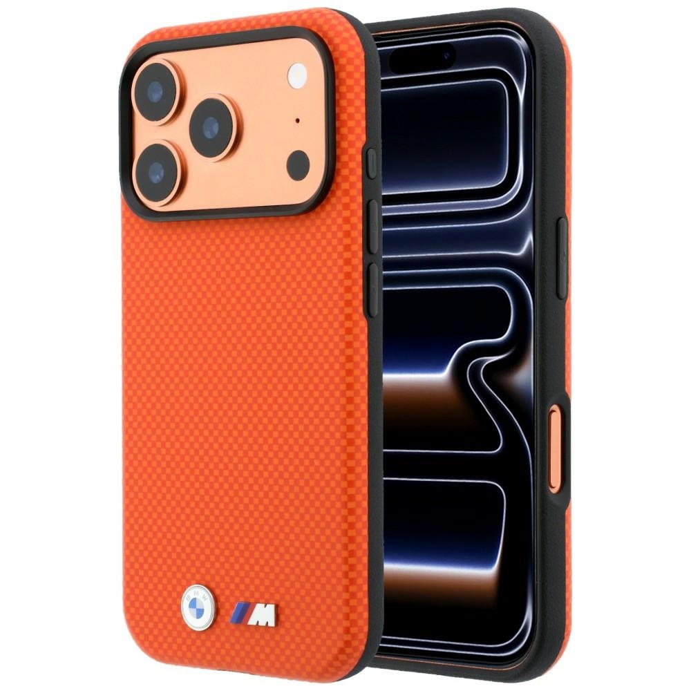 BMW M Quadrille Kevlar Metal Logo MagSafe dėklas, skirtas iPhone 17 Pro / 18 Pro – oranžinis
