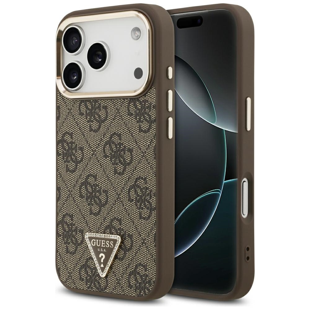 Guess PU Leather 4G Strass Triangle Logo Gold Frame MagSafe dėklas Apple iPhone 18 Pro, rudas