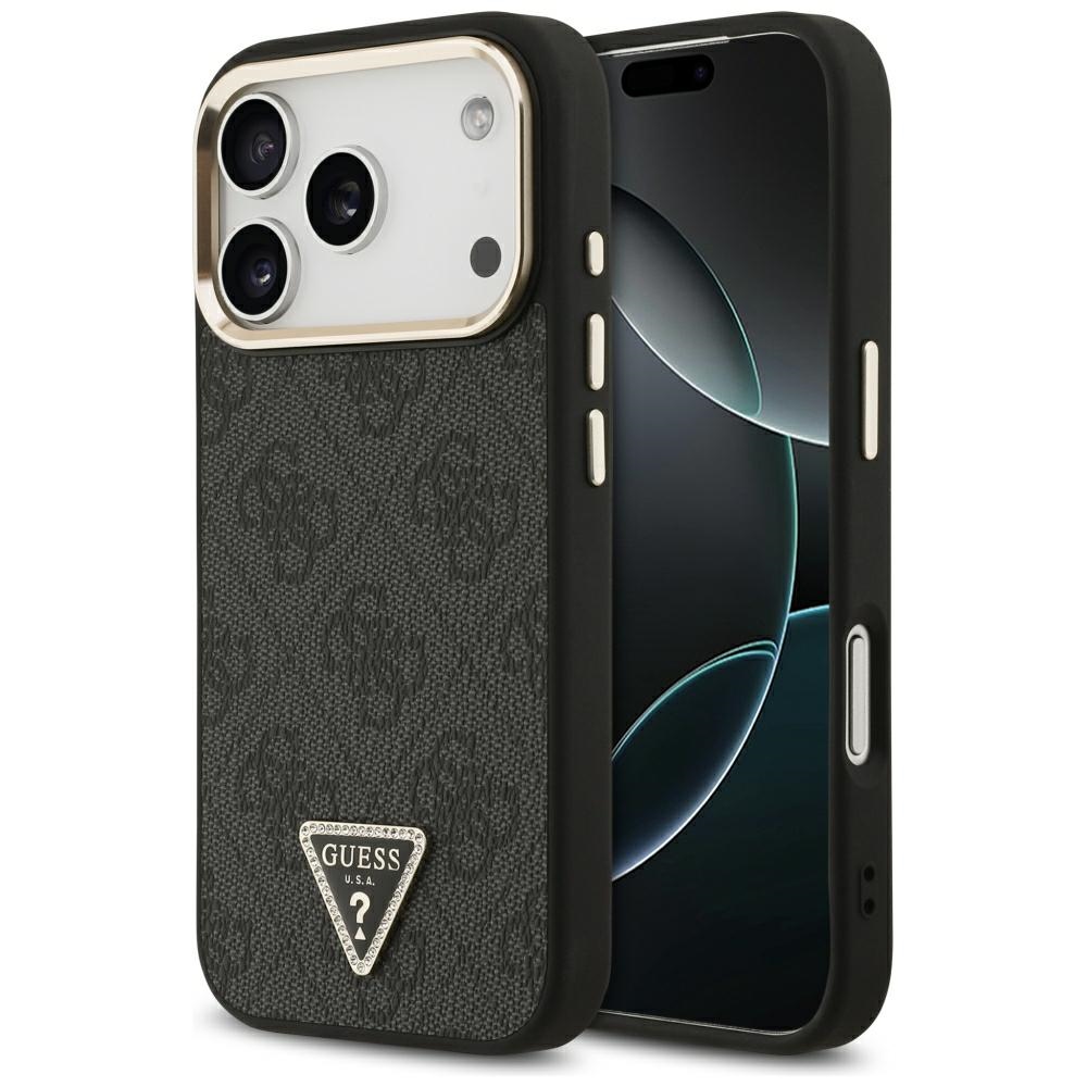 Guess PU Leather 4G Strass Triangle Logo Gold Frame MagSafe dėklas Apple iPhone 18 Pro, juodas