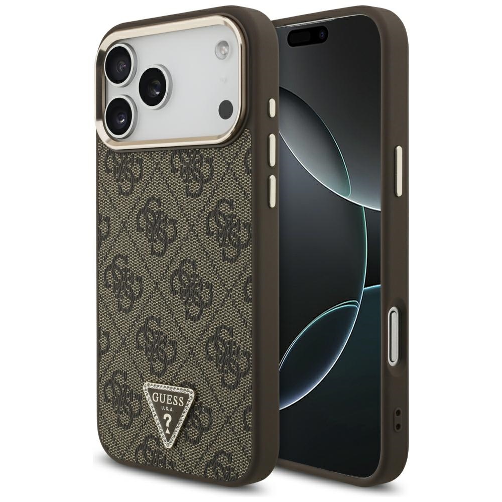 Guess PU Leather 4G Strass Triangle Logo Gold Frame MagSafe dėklas Apple iPhone 18 Pro Max, rudas