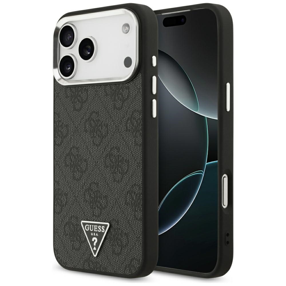 Guess 4G Triangle Logo MagSafe dėklas, skirtas iPhone 17 Pro Max / 18 Pro Max – juodas ir sidabro spalvos
