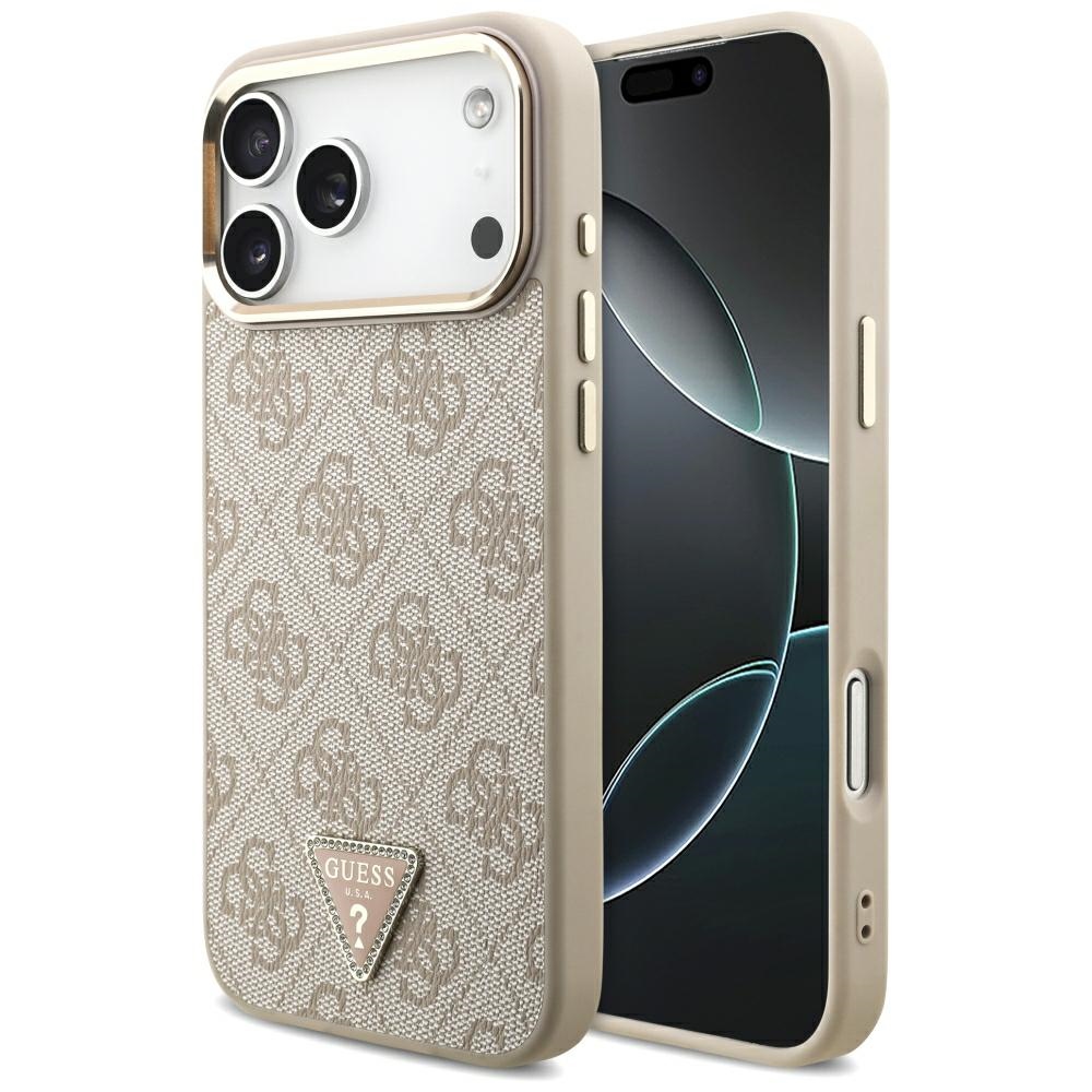 Чехол Guess PU Leather 4G Strass Triangle Logo Gold Frame MagSafe для Apple iPhone 18 Pro Max, розовый
