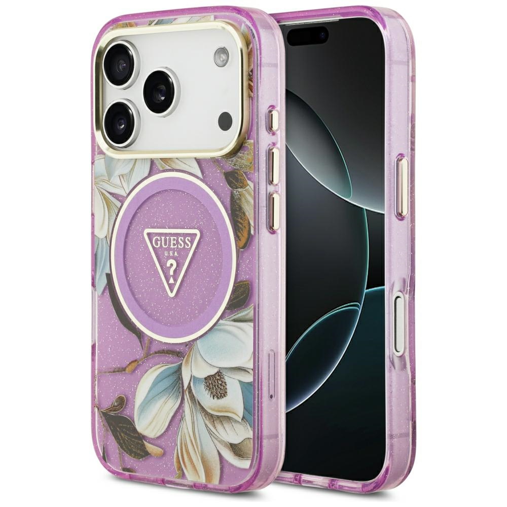 Guess IML Glitter Flowers Triangle MagSafe dėklas, skirtas iPhone 17 Pro / 18 Pro – violetinis
