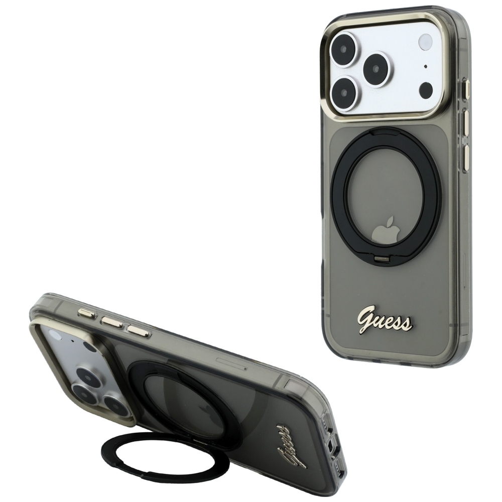 Guess IML Ring Stand 360 Script Metal Logo MagSafe dėklas, skirtas iPhone 17 Pro / 18 Pro – juodas