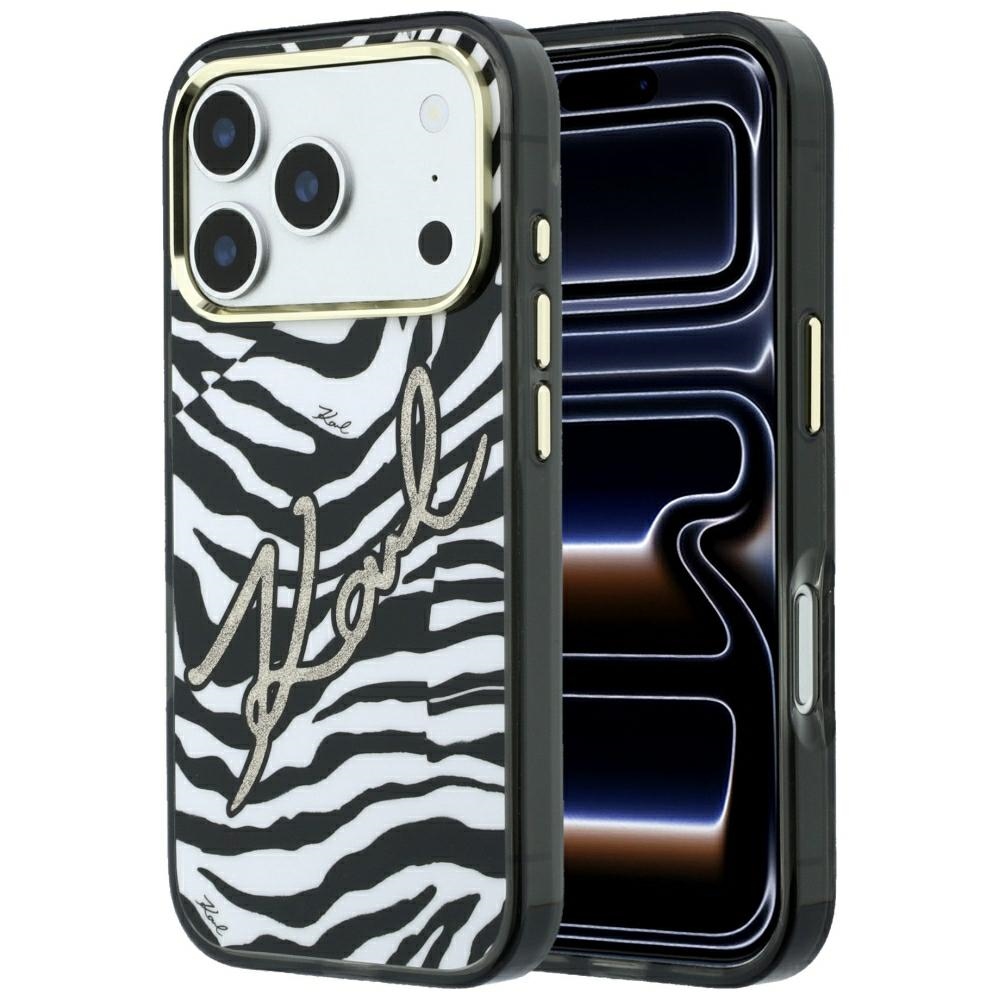 Karl Lagerfeld IML Signature Zebra Glitter MagSafe dėklas, skirtas iPhone 17 Pro / 18 Pro – auksinis
