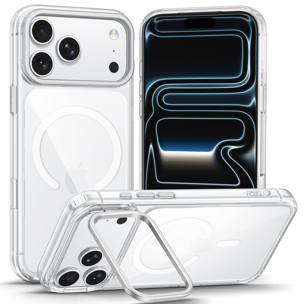 Tech-Protect MagStand MagSafe CC dėklas, skirtas iPhone 18 Pro / 17 Pro, skaidrus