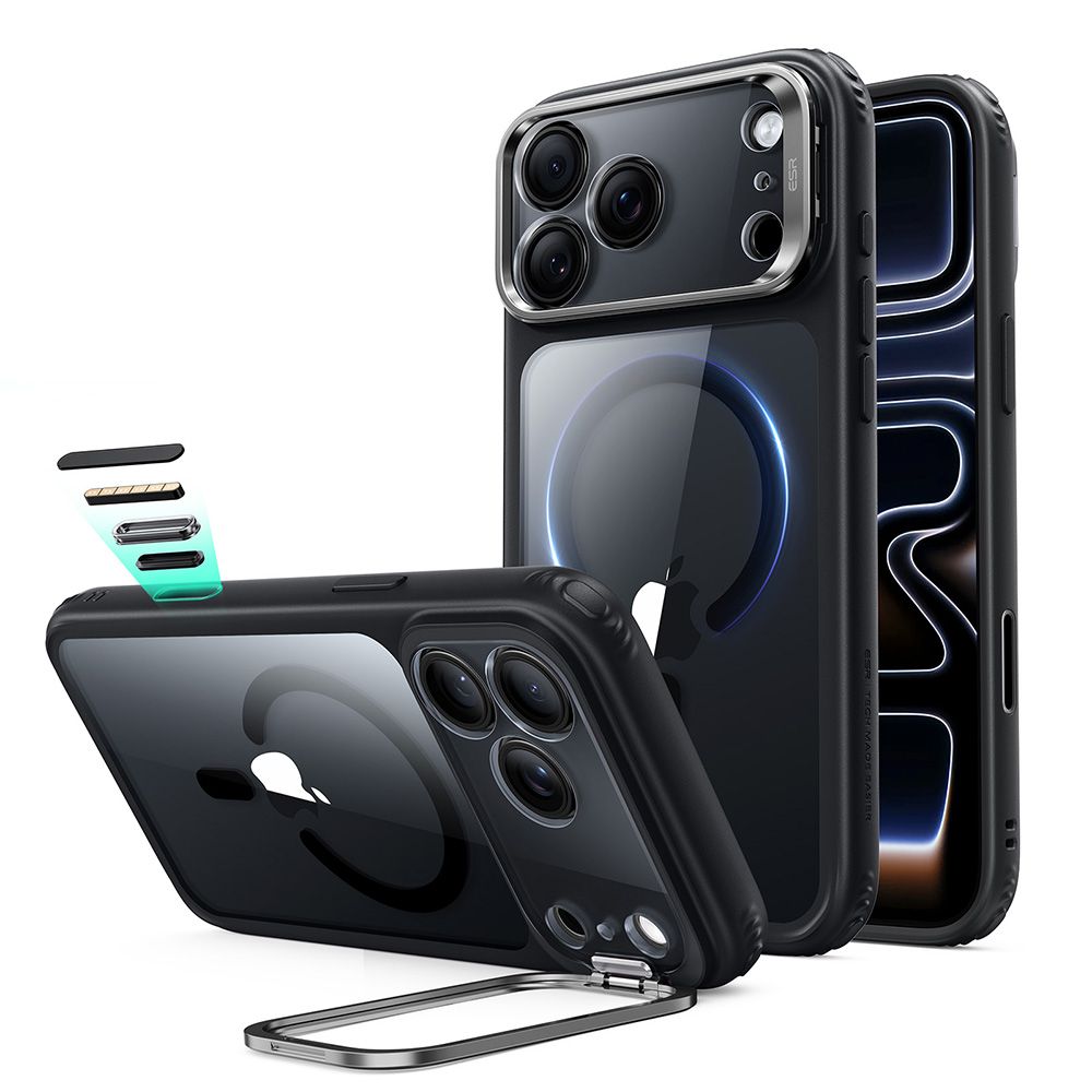 ESR Classic Hybrid Kickstand MagSafe dėklas, skirtas iPhone 18 Pro / 17 Pro, skaidrus juodas