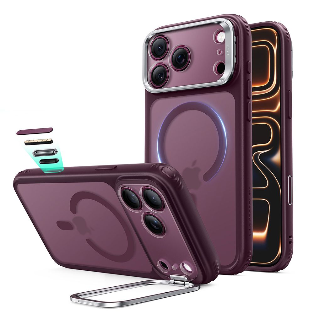 ESR Classic Hybrid Kickstand MagSafe dėklas, skirtas iPhone 18 Pro / 17 Pro, matinis tamsiai vyšninės spalvos