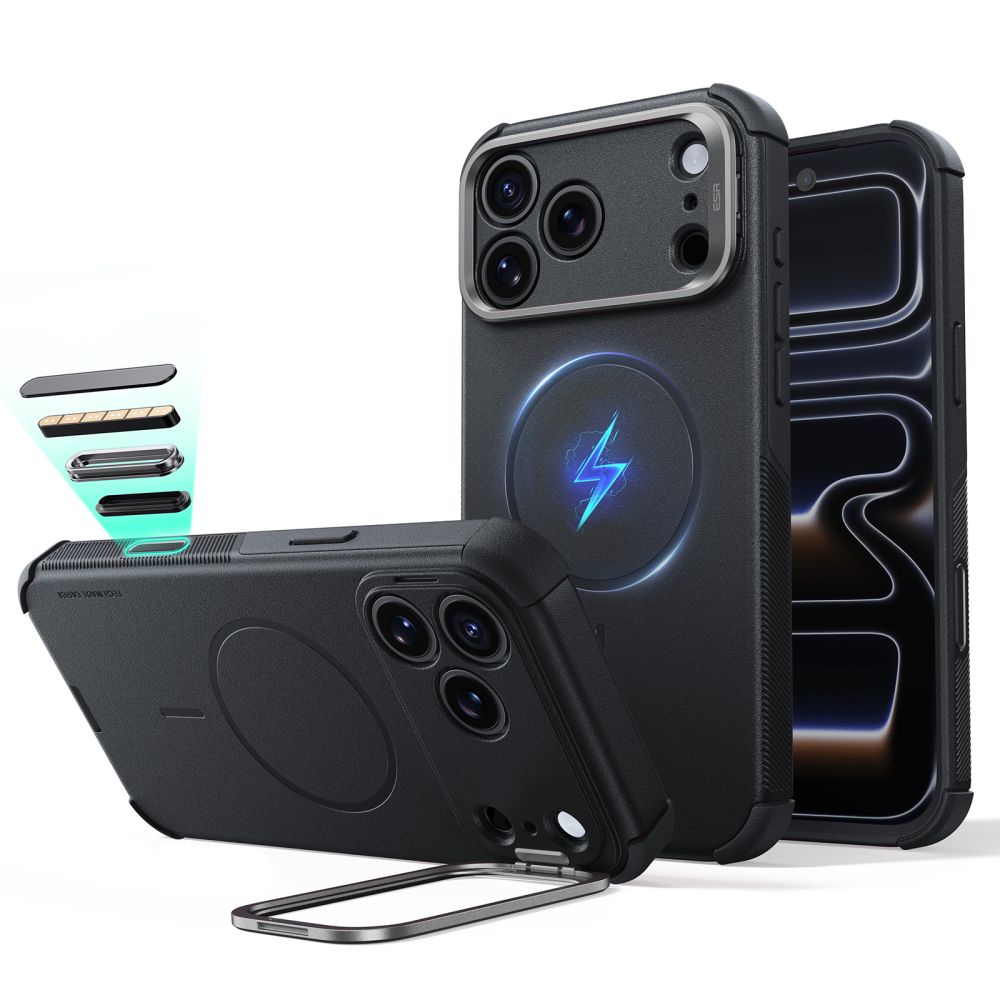 ESR Cyber Tough Kickstand MagSafe dėklas, skirtas iPhone 18 Pro / 17 Pro, juodas