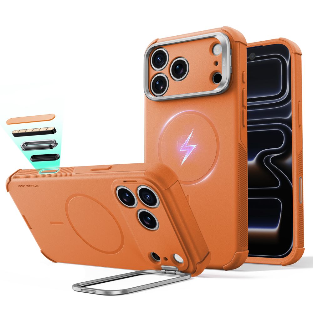 ESR Cyber Tough Kickstand MagSafe dėklas, skirtas iPhone 18 Pro / 17 Pro, oranžinis