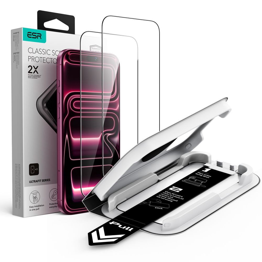 ESR UltraFit Classic 2 vnt. grūdintų stiklų rinkinys, skirtas iPhone 18 Pro / 17 Pro, juodas