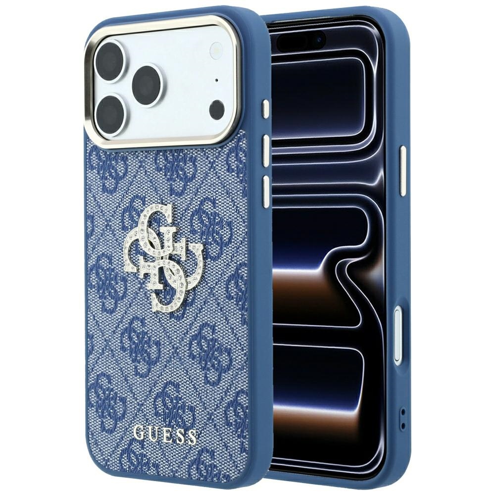 Guess 4G & Big Strass Logo dėklas, skirtas iPhone 18 Pro / 17 Pro, mėlynas