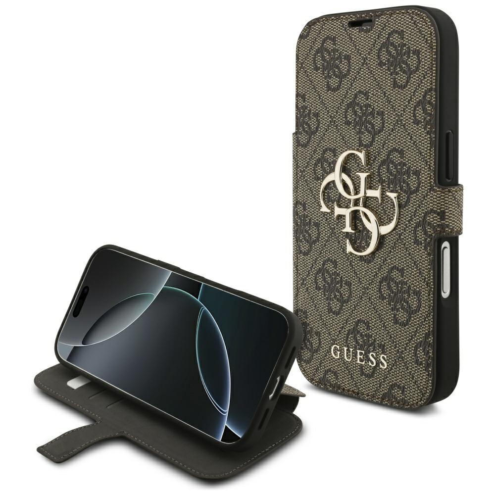Guess Book 4G Metal Logo atverčiamas dėklas, skirtas iPhone 18 Pro / 17 Pro, rudas