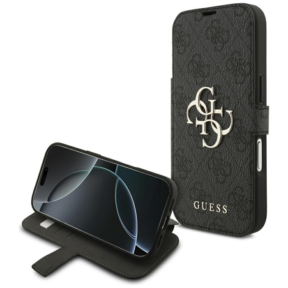 Guess Book 4G Metal Logo atverčiamas dėklas, skirtas iPhone 18 Pro / 17 Pro, juodas