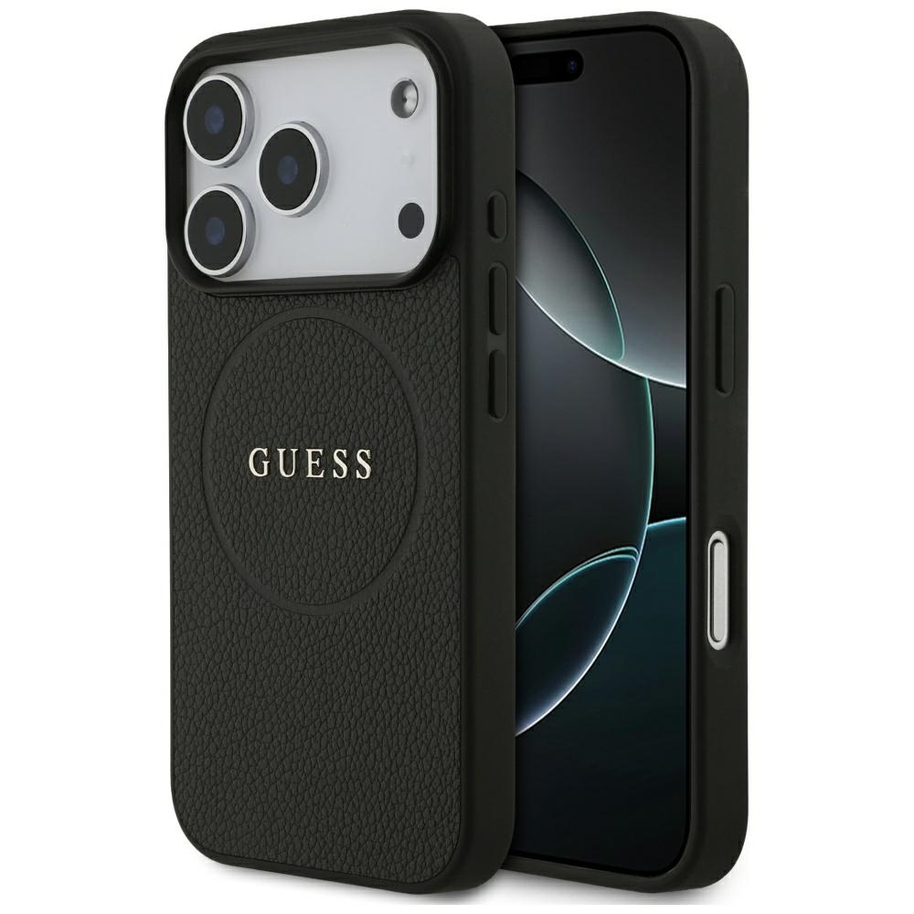 Guess Grained Gold Ring MagSafe dėklas, skirtas iPhone 18 Pro / 17 Pro – spalva: juoda