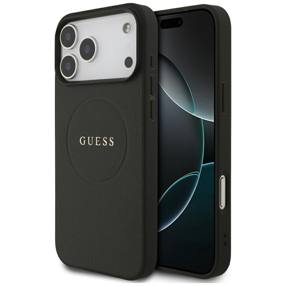 Guess Grained Gold Ring MagSafe dėklas, skirtas iPhone 18 Pro Max / 17 Pro Max – spalva: juoda