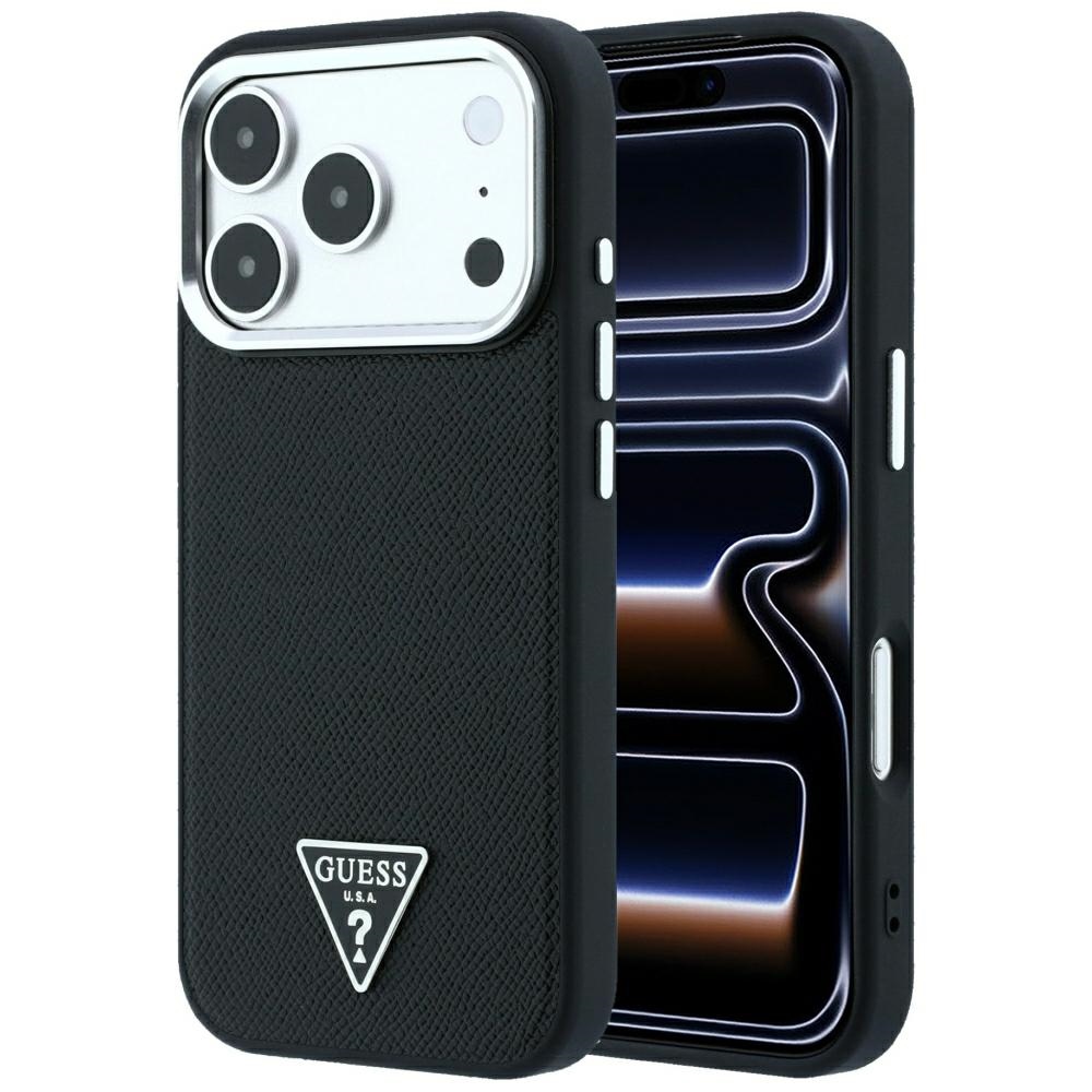 Guess Grained Triangle Logo MagSafe dėklas, skirtas iPhone 17 Pro / 18 Pro, juodas