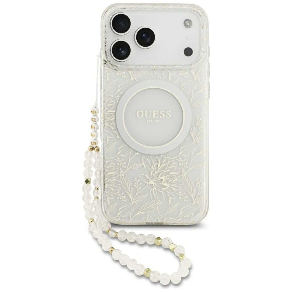 Guess IML MagSafe dėklas su gėlių raštu, metalizuota apdaila ir perlų dirželiu, skirtas iPhone 18 Pro Max / 17 Pro Max, baltas