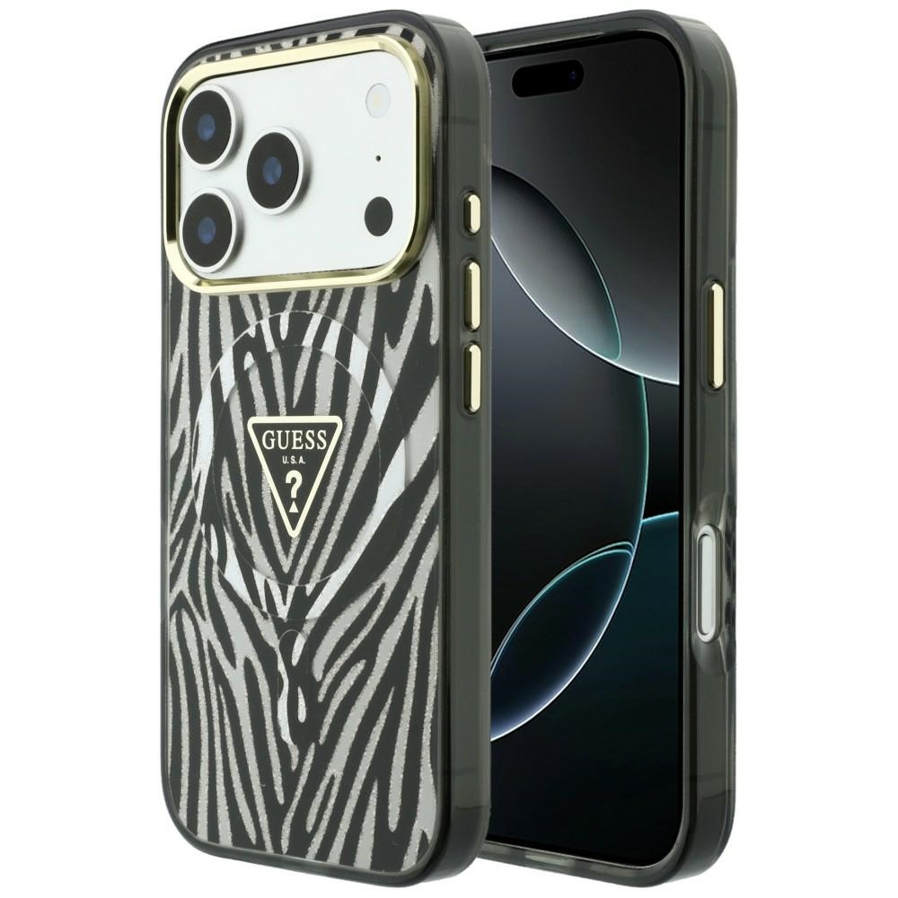 Guess IML Zebra Glitter Triangle Logo MagSafe dėklas, skirtas iPhone 18 Pro / 17 Pro – spalva: sidabrinė