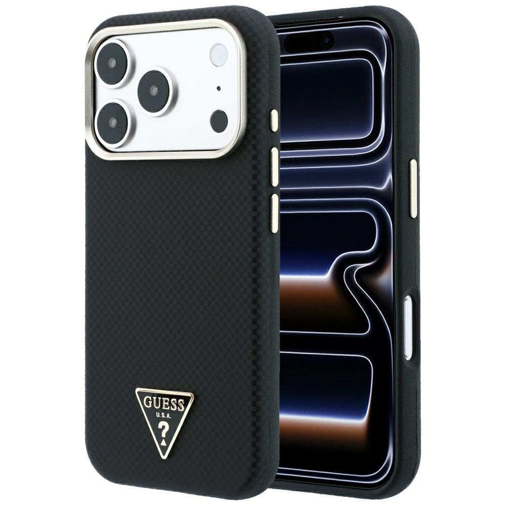 Guess Kevlar Triangle Logo MagSafe dėklas, skirtas iPhone 17 Pro / 18 Pro – spalva: juoda