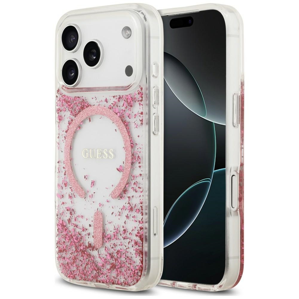 Guess Resin Bottom Glitter MagSafe dėklas, skirtas iPhone 18 Pro Max / 17 Pro Max, rožinis