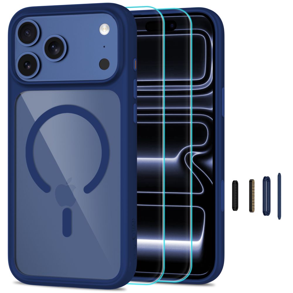 Tech-Protect MagOne MagSafe CC dėklas su 2 grūdintais stiklais, skirtas iPhone 18 Pro Max / 17 Pro Max, skaidrus tamsiai mėlynas