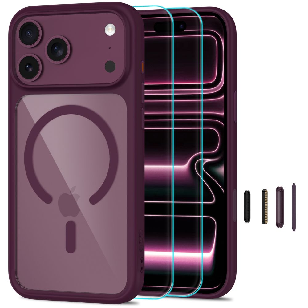 Tech-Protect MagOne CC MagSafe dėklas su 2 grūdintais stiklais, skirtas iPhone 18 Pro / 17 Pro, skaidrus bordo spalvos