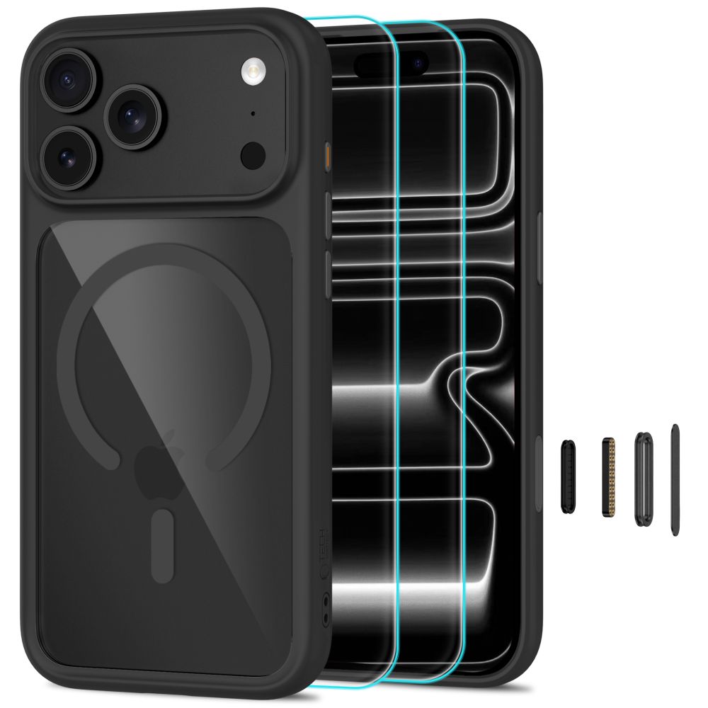 Tech-Protect MagOne CC MagSafe dėklas su 2 grūdintais stiklais, skirtas iPhone 18 Pro Max / 17 Pro Max, skaidrus juodas