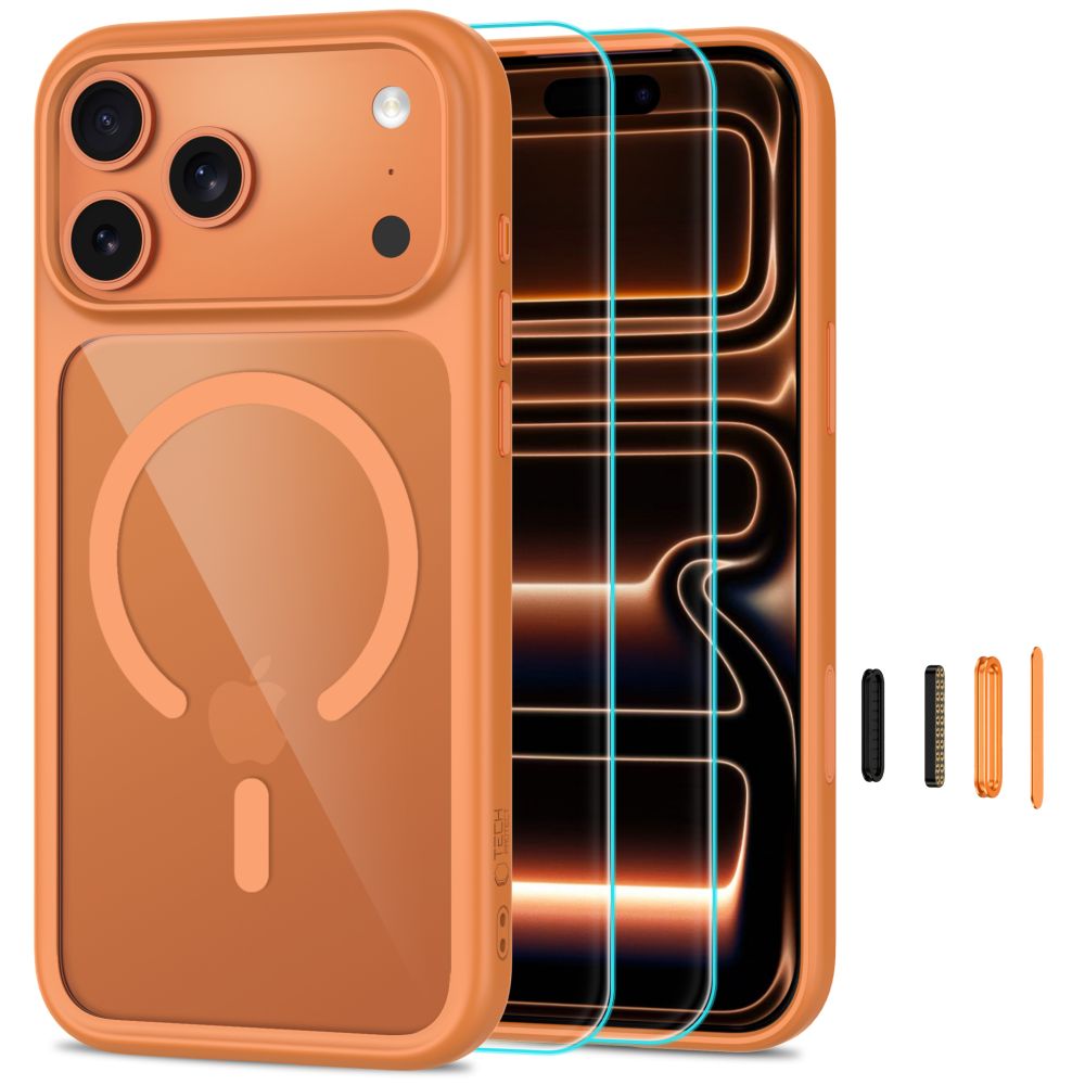 Tech-Protect MagOne CC MagSafe dėklas su 2 grūdintais stiklais, skirtas iPhone 18 Pro Max / 17 Pro Max, skaidrus oranžinis