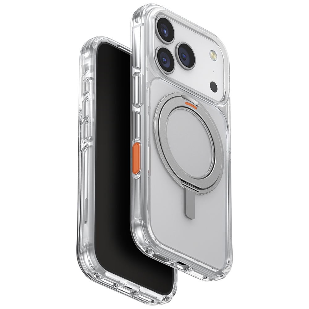 Uniq Swivix dėklas iPhone 17 Pro su 360° pasukamu stovu – skaidrus