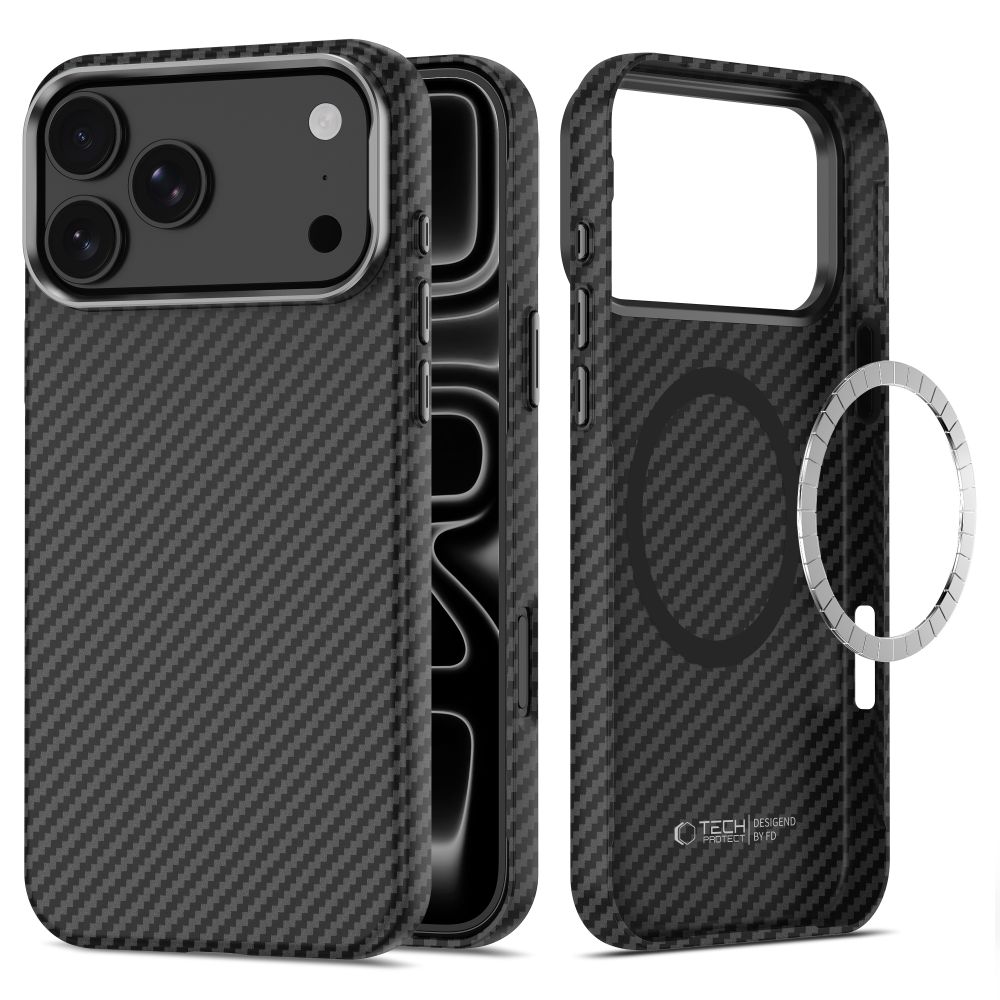 Tech-Protect Ion Carbon MagSafe dėklas iPhone 18 Pro / 17 Pro – juodas ir sidabrinis