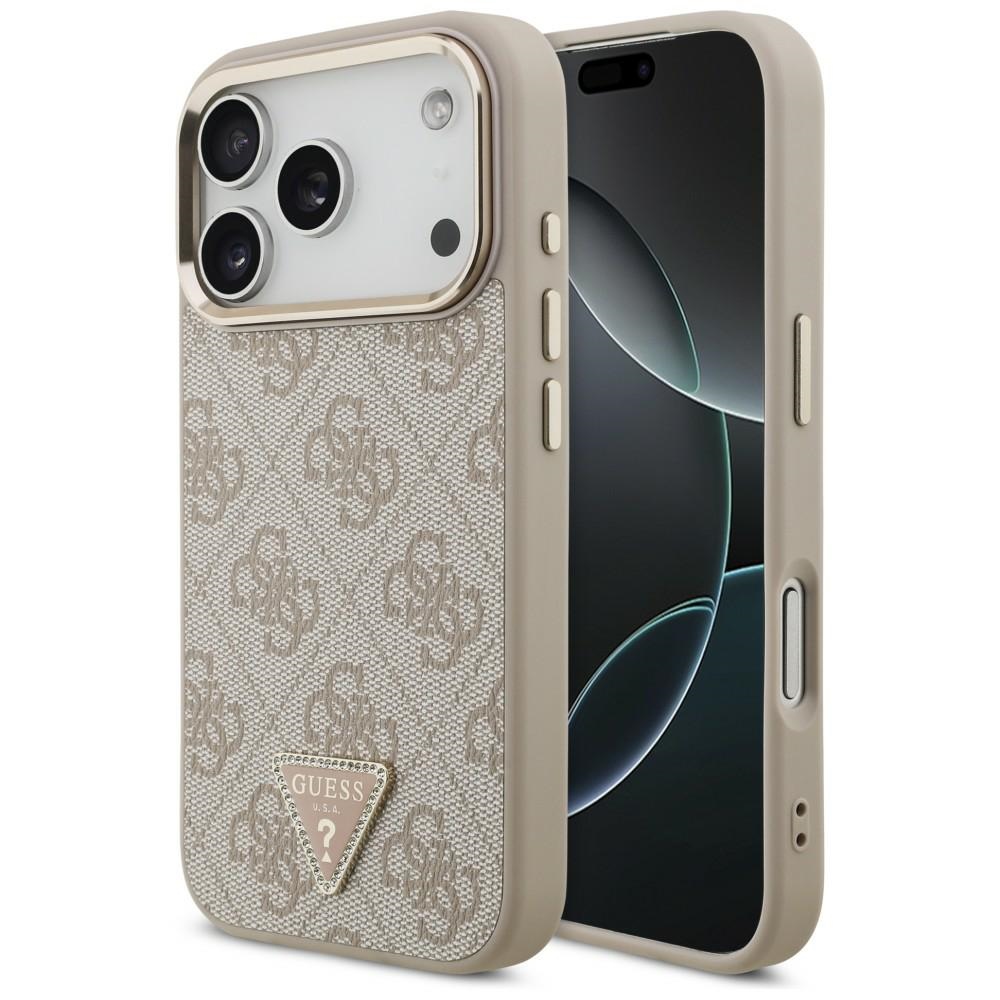 Guess PU Leather 4G Strass Triangle Logo Gold Frame MagSafe dėklas Apple iPhone 18 Pro, rožinis