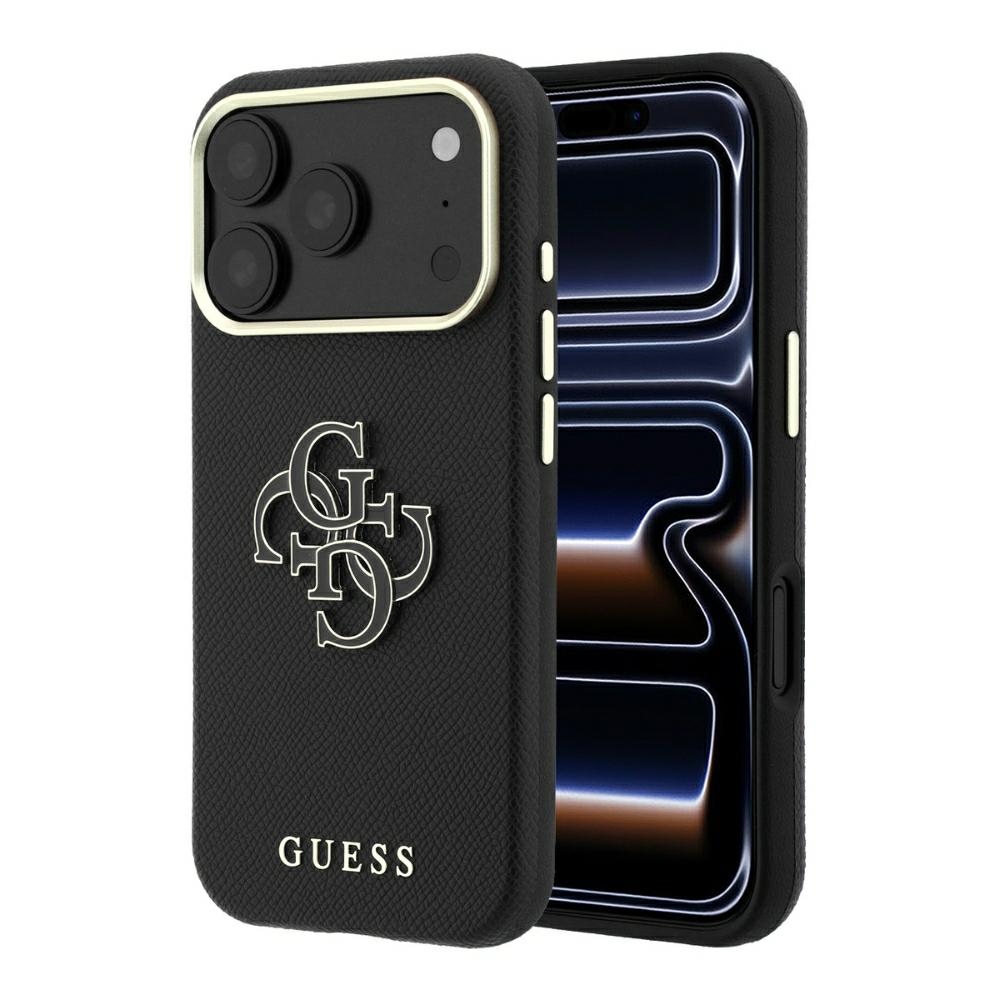 Guess Grained & Big Resin Logo dėklas iPhone 18 Pro Max / 17 Pro Max – juodas