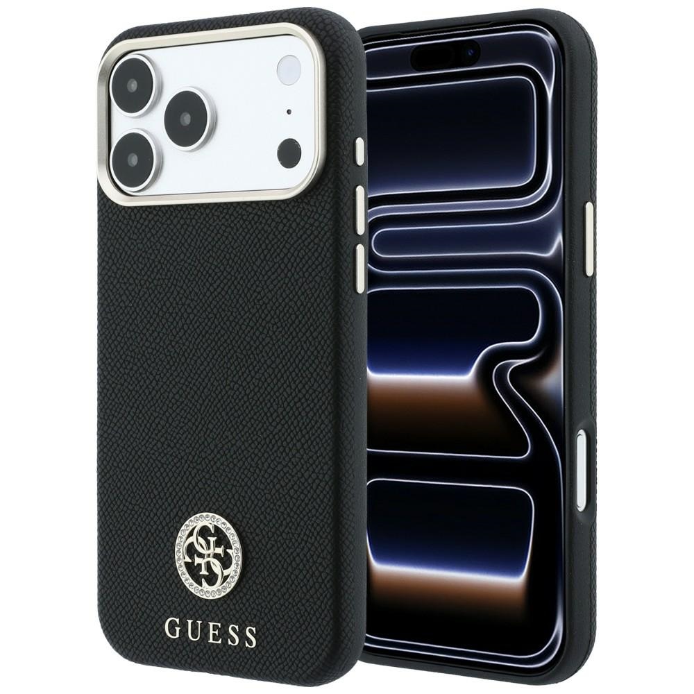 Guess Grained Round Strass Logo MagSafe dėklas iPhone 18 Pro Max / 17 Pro Max – juodas
