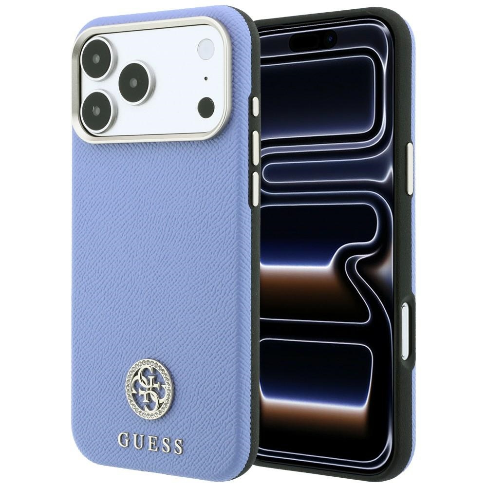 Guess Grained Round Strass Logo MagSafe dėklas iPhone 18 Pro Max / 17 Pro Max – mėlynas
