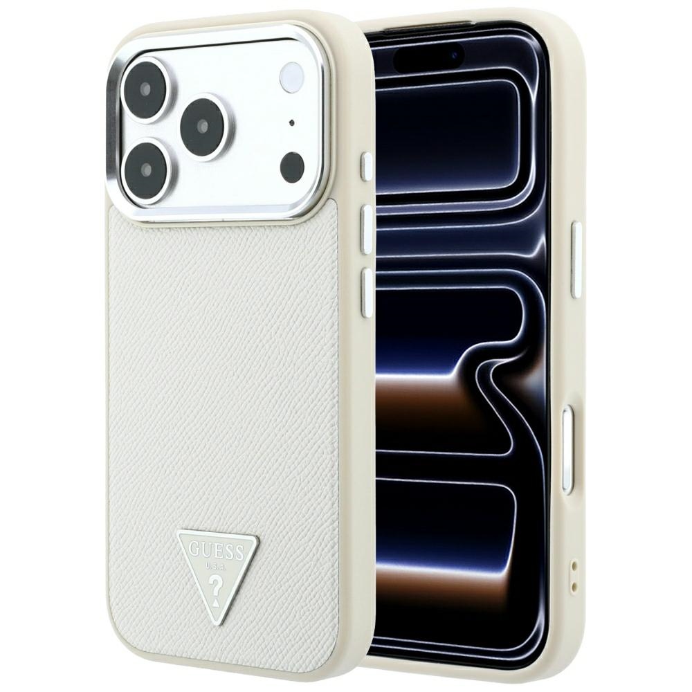 Guess Grained Triangle Logo MagSafe dėklas iPhone 18 Pro / 17 Pro – smėlinis