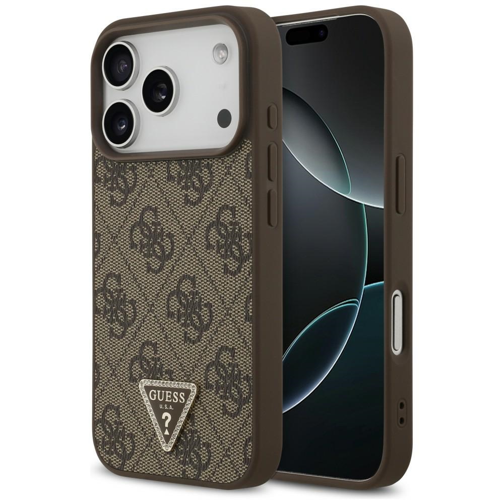 Guess Leather 4G Triangle Strass MagSafe dėklas iPhone 18 Pro / 17 Pro – rudas