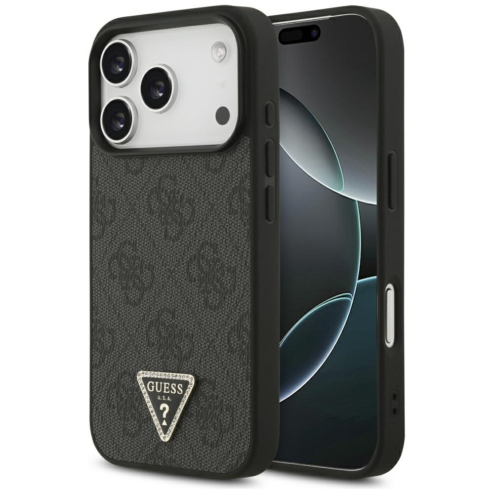 Guess Leather 4G Triangle Strass MagSafe dėklas iPhone 18 Pro / 17 Pro – juodas