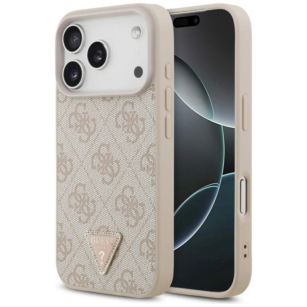 Guess Leather 4G Triangle Strass MagSafe dėklas iPhone 18 Pro / 17 Pro – rožinis