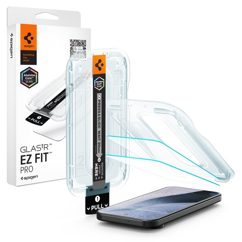 Spigen Glas.tR EZ Fit Pro AC 2-Pack grūdintų apsauginių stiklų komplektas Google Pixel 11 / 11 Pro (2 vnt.)