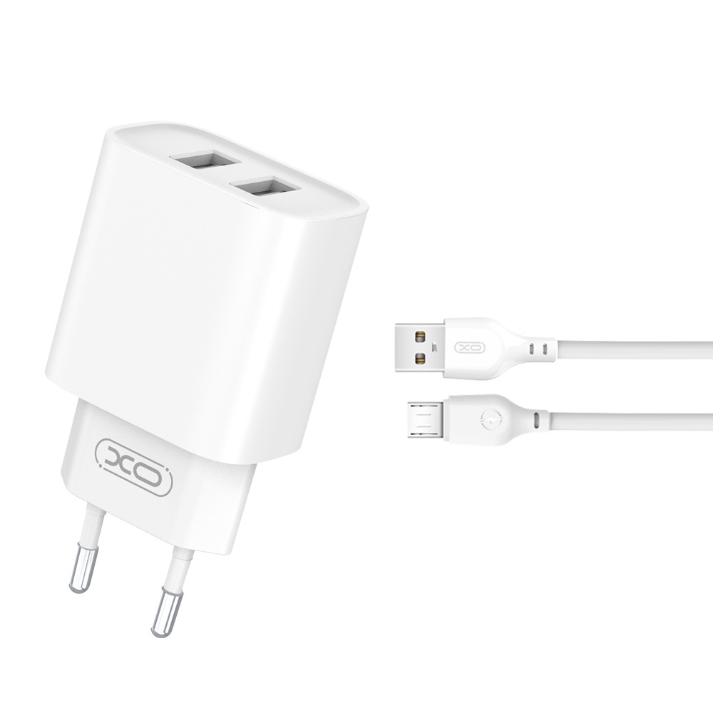 XO sieninis įkroviklis CE02C 2x USB 2,1A, baltas + microUSB laidas